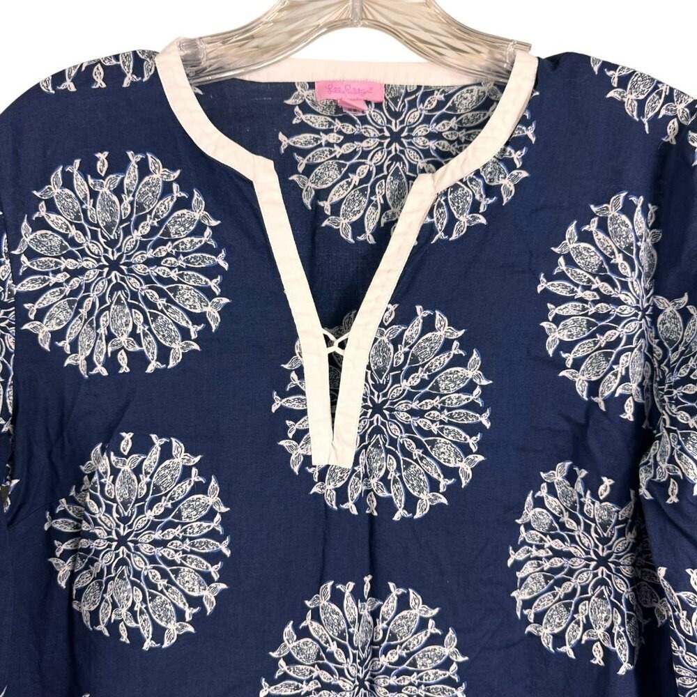 Lilly Pulitzer Navy Blue Printed Beach Cover-Up Tunic Dress Long Sleeve Resort - Picture 3 of 11